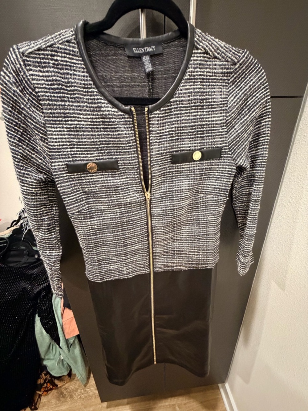 Ellen Tracy Black and White Tweed Midi Dress with Gold Zip
